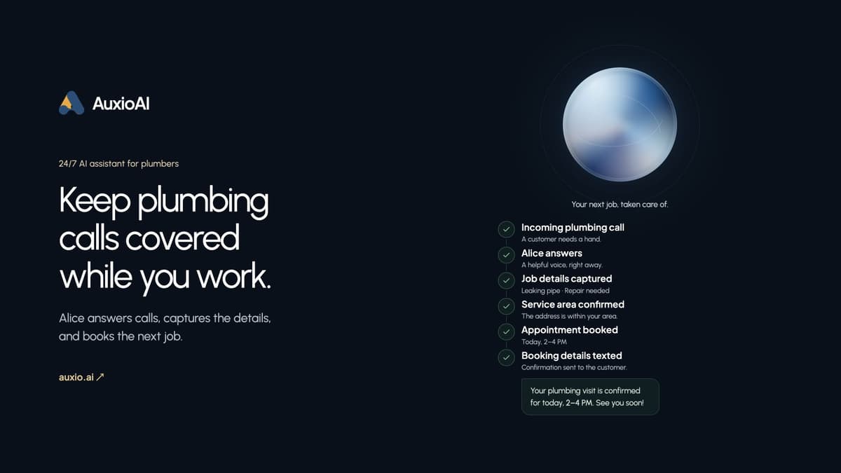 Auxio AI overview showing Alice answering plumbing calls, capturing job details, and arranging appointments